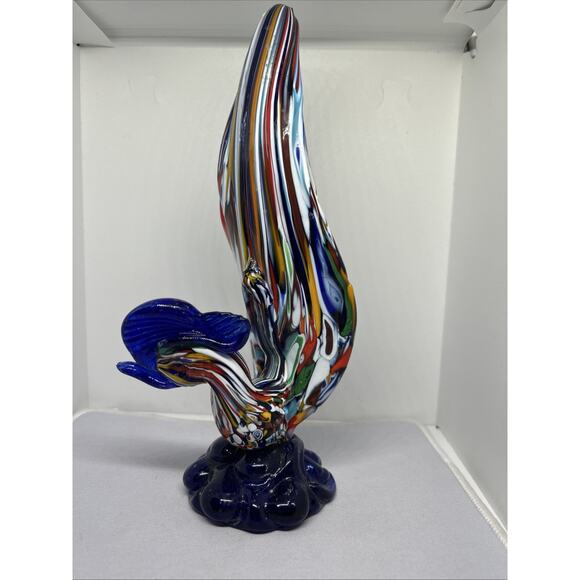 Vintage Other - Vtg Murano Style Blown Blue Art Glass Rooster Colorful Bird 7" Figurine Nice